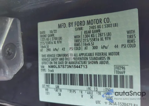 2022 Ford Transit Connect Xl z USA, uszkodzony, nr VIN NM0LS7S73N1544713